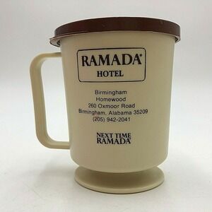 Vintage Ramada Hotel Birmingham Alabama Plastic Cup Mug 8oz Lid Brown Footed